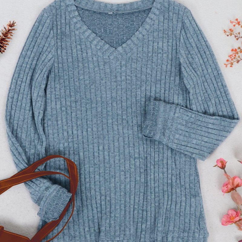 Anna-kaci Solid Color Ribbed Knit Sweater In Blue