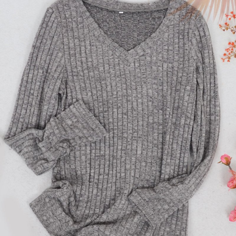 Anna-kaci Solid Color Ribbed Knit Sweater In Grey