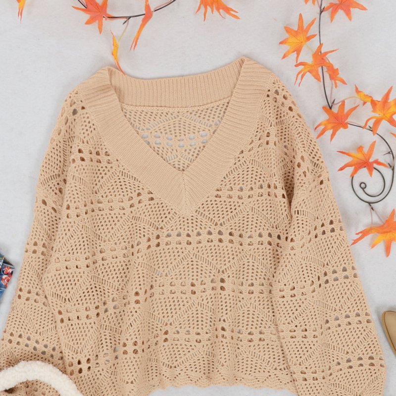 Anna-kaci Solid Crochet Knit Semi-sheer V-neck Sweater In Pattern