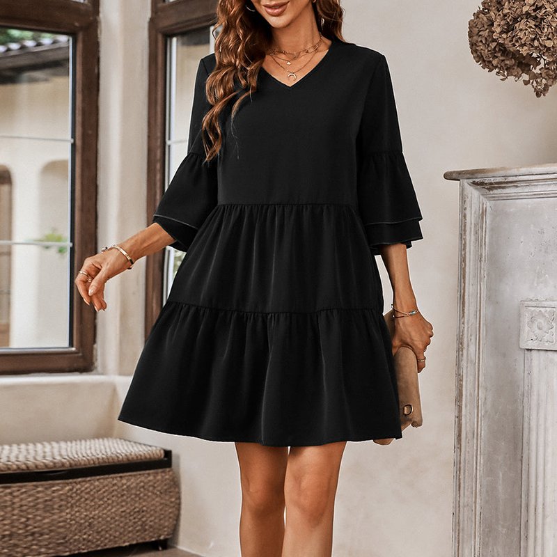 Anna-kaci Solid Ruffle Sleeve Tiered Dress In Black