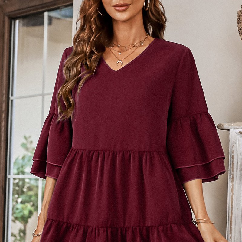 Anna-kaci Solid Ruffle Sleeve Tiered Dress In Red