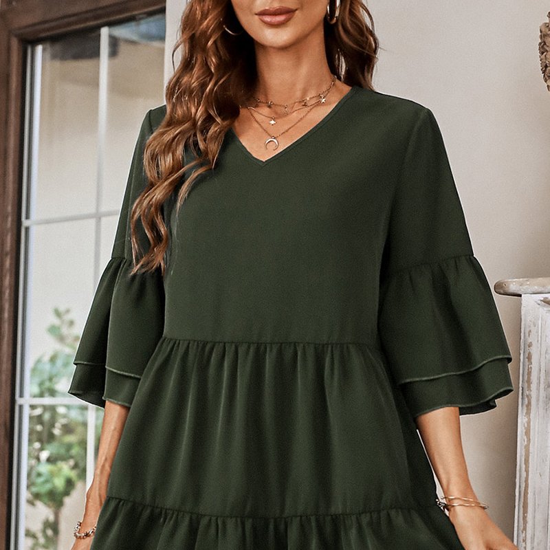 Anna-kaci Solid Ruffle Sleeve Tiered Dress In Green