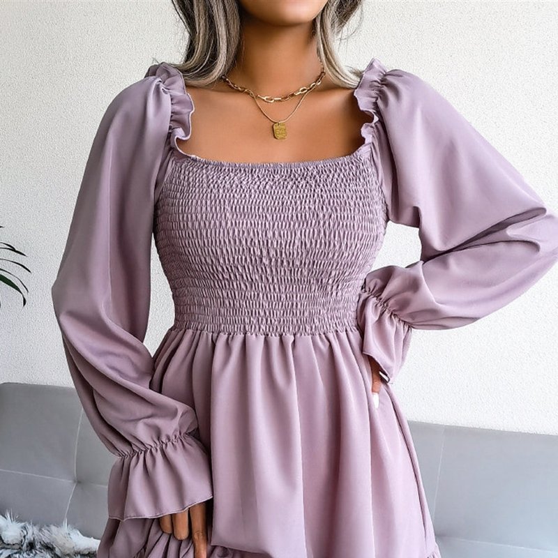 Anna-kaci Solid Shirred Ruffle Hem Dress In Purple