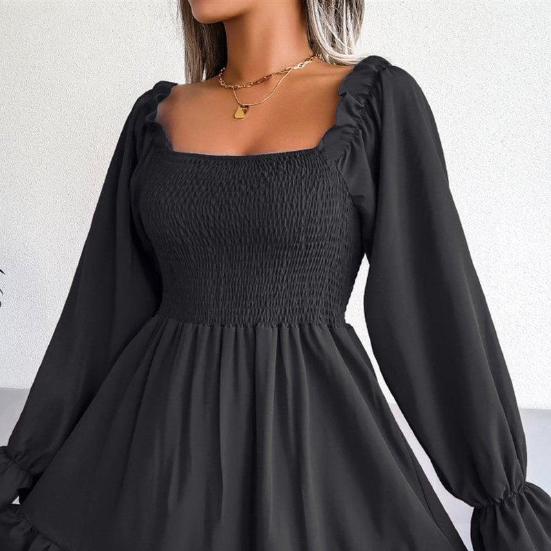 Anna-kaci Solid Shirred Ruffle Hem Dress In Black