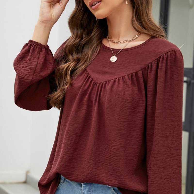 Anna-kaci Solid V Line Ruffle Blouse In Red
