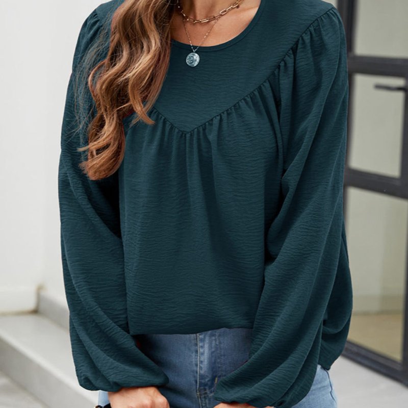 Anna-kaci Solid V Line Ruffle Blouse In Green