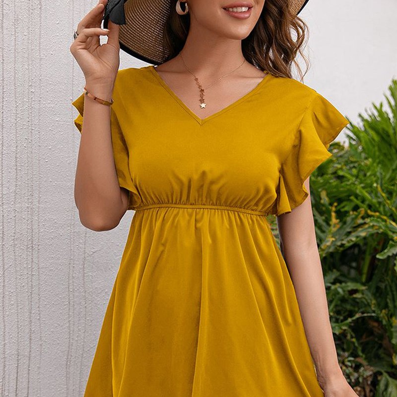 Anna-kaci Solid V Neck Tie Back Dress In Yellow