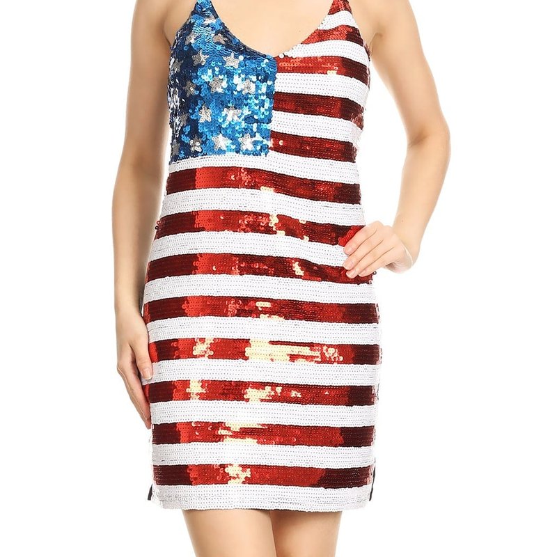 Anna-kaci Spaghetti Strap Sleeveless Usa American Flag Patriotic Sequin Dress In Red