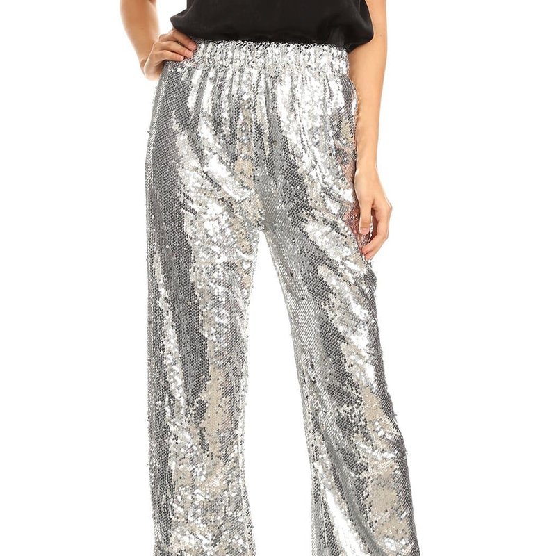 Anna-kaci Sparkly Sequin Flare Wide Leg Pants In Grey