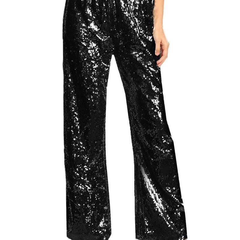 Anna-kaci Sparkly Sequin Flare Wide Leg Pants In Black