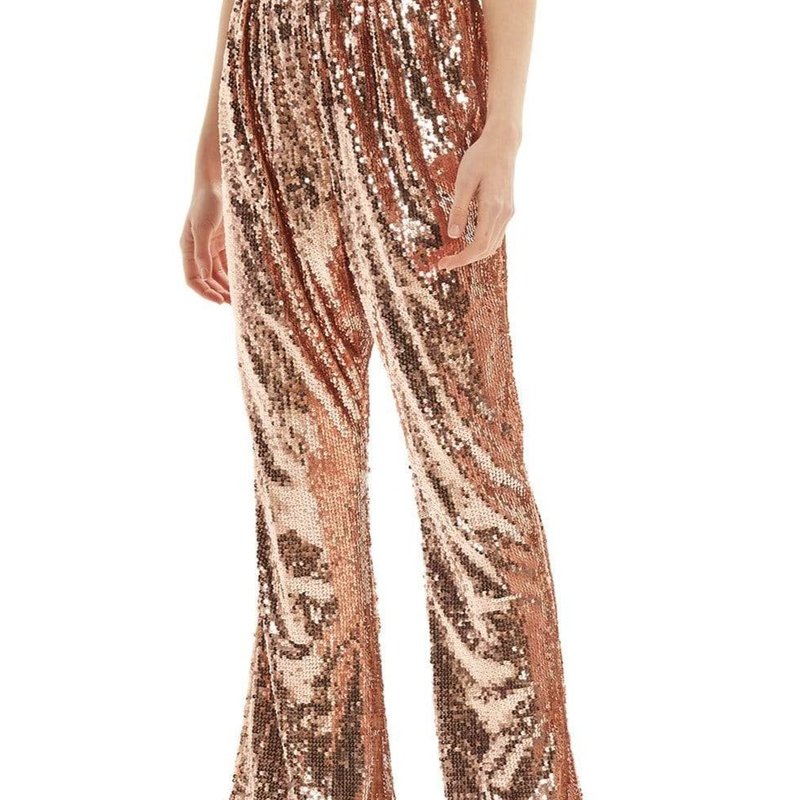 Anna-kaci Sparkly Sequin Flare Wide Leg Pants In Brown