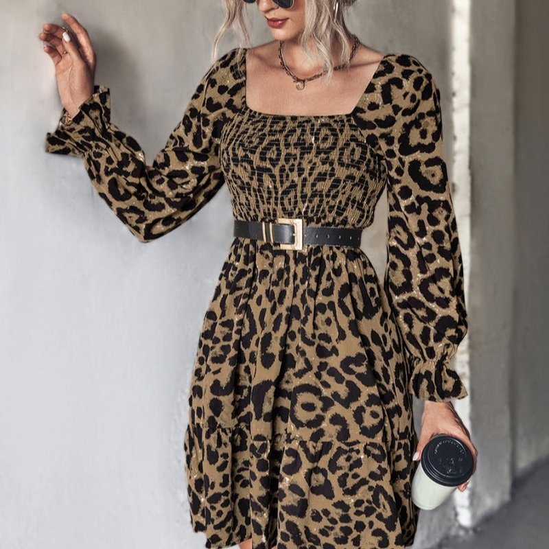 Anna-kaci Square Neck Leopard Print Dress In Brown