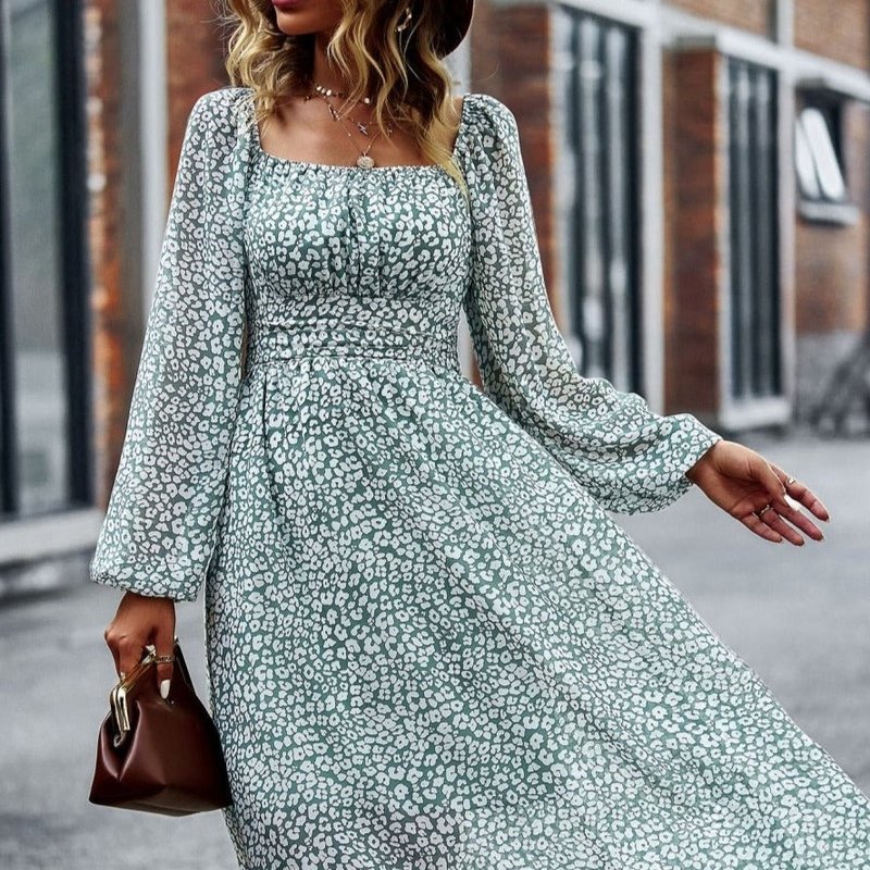 Anna-kaci Square Neck Printed Flowy Dress In Green
