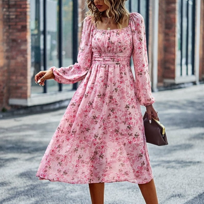 Anna-kaci Square Neck Printed Flowy Dress In Pink