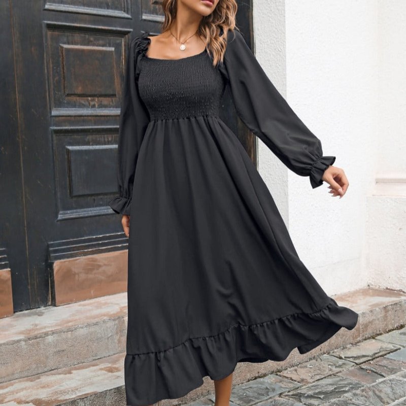 Anna-kaci Square Neck Shirred Midi Dress In Black
