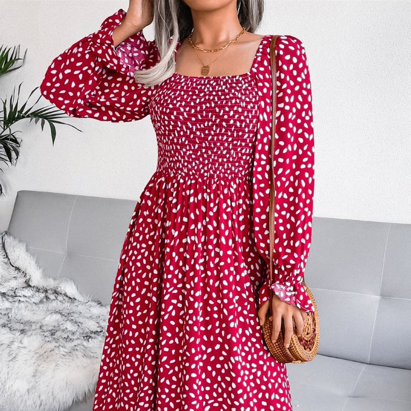Anna-kaci Square Neck Spotted Print Dress In Red