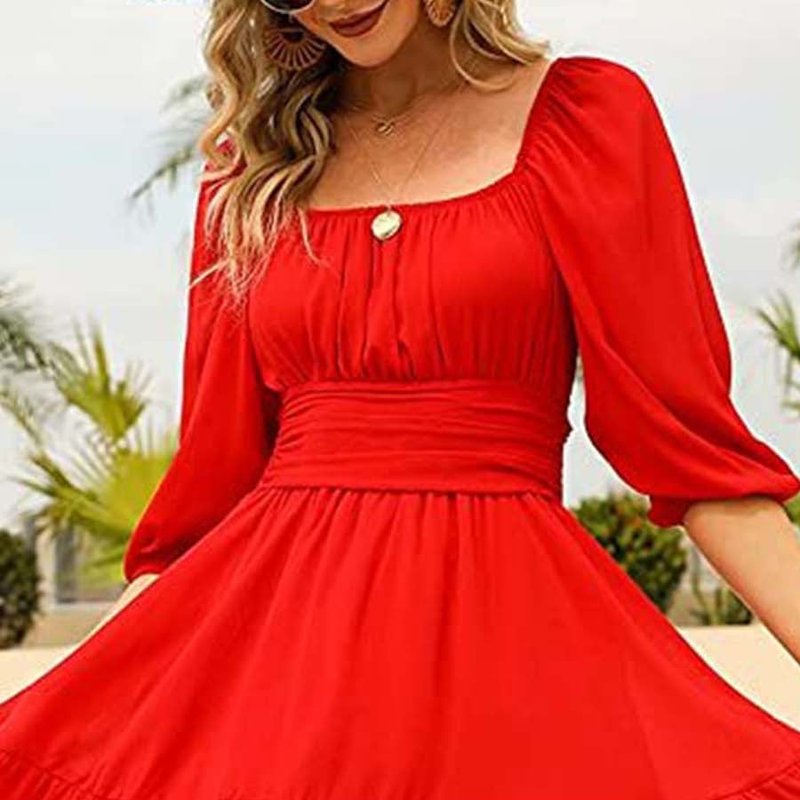 Anna-kaci Square Neck Tie Back Dress In Red