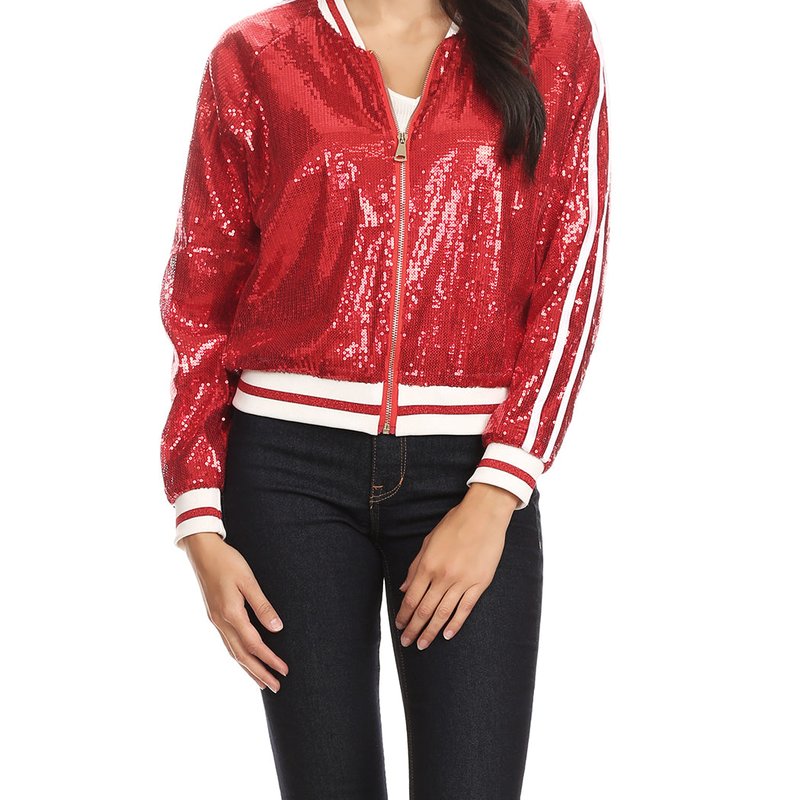 Shop Anna-kaci Striped Metallic Sequin Varsity Jacket In Red