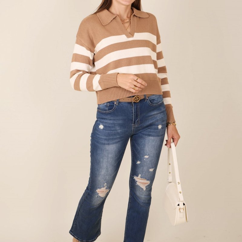 Anna-kaci Striped Pattern Collared Preppy Sweater In Brown