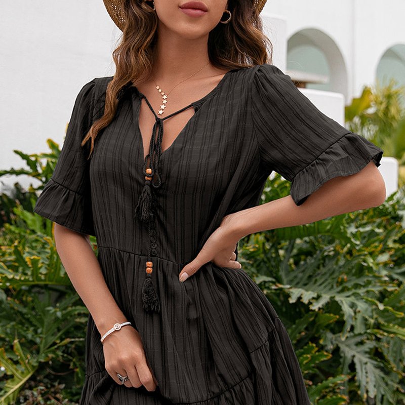 Anna-kaci Striped Ruffle Button Dress In Black