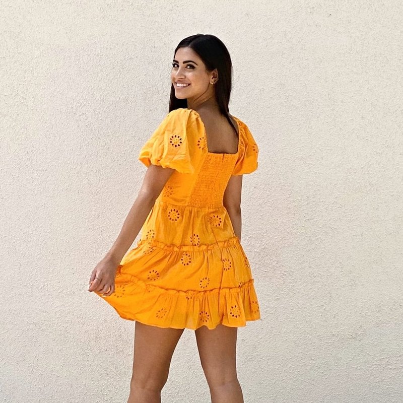 Anna-kaci Summer Puff Sleeve Open Back Mini Dress In Orange