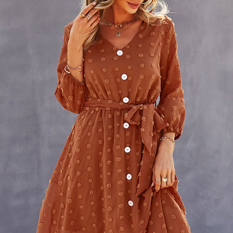 Anna-kaci Swiss Dot Contrast Button Dress In Brown