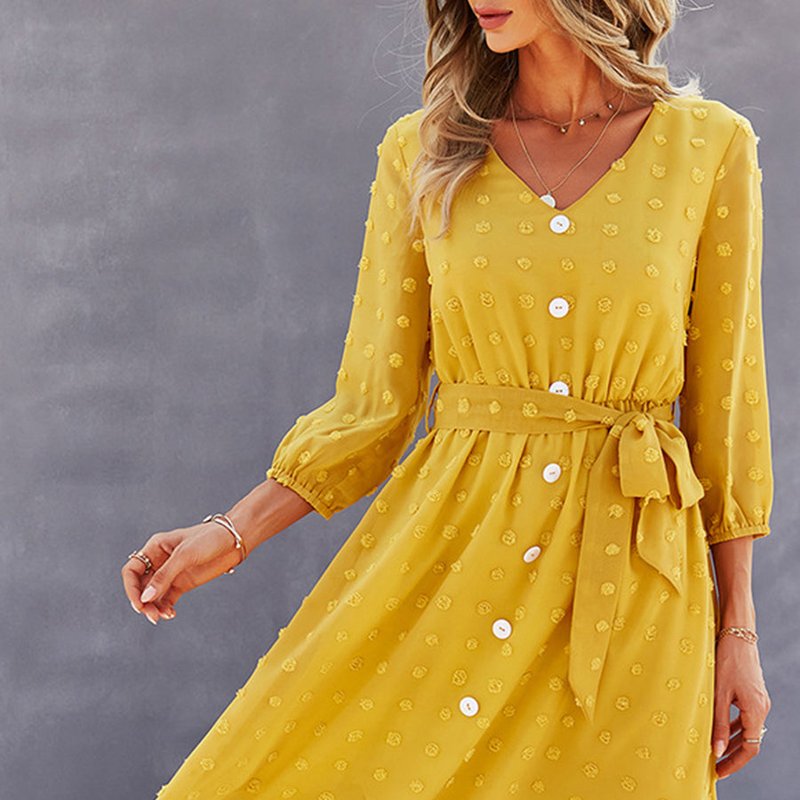 Anna-kaci Swiss Dot Contrast Button Dress In Yellow