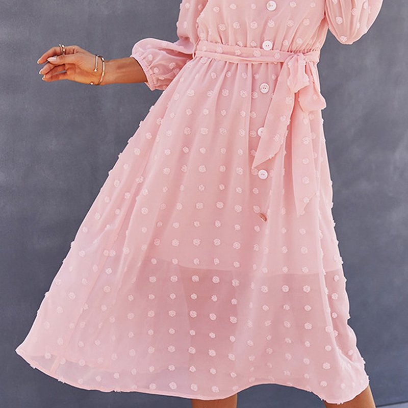 Anna-kaci Swiss Dot Contrast Button Dress In Pink