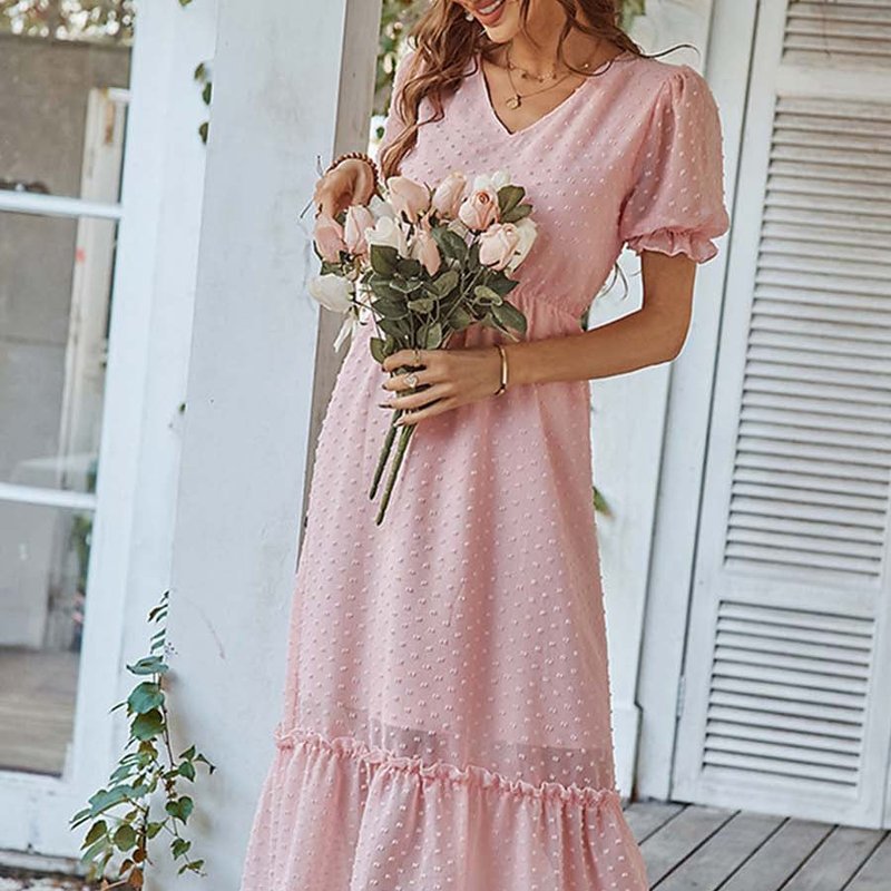 Anna-kaci Swiss Dot Ruffle Hem Dress In Pink