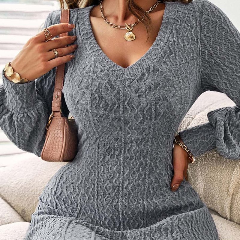 Anna-kaci Textured Cable Knit Sweater Dress In Grey
