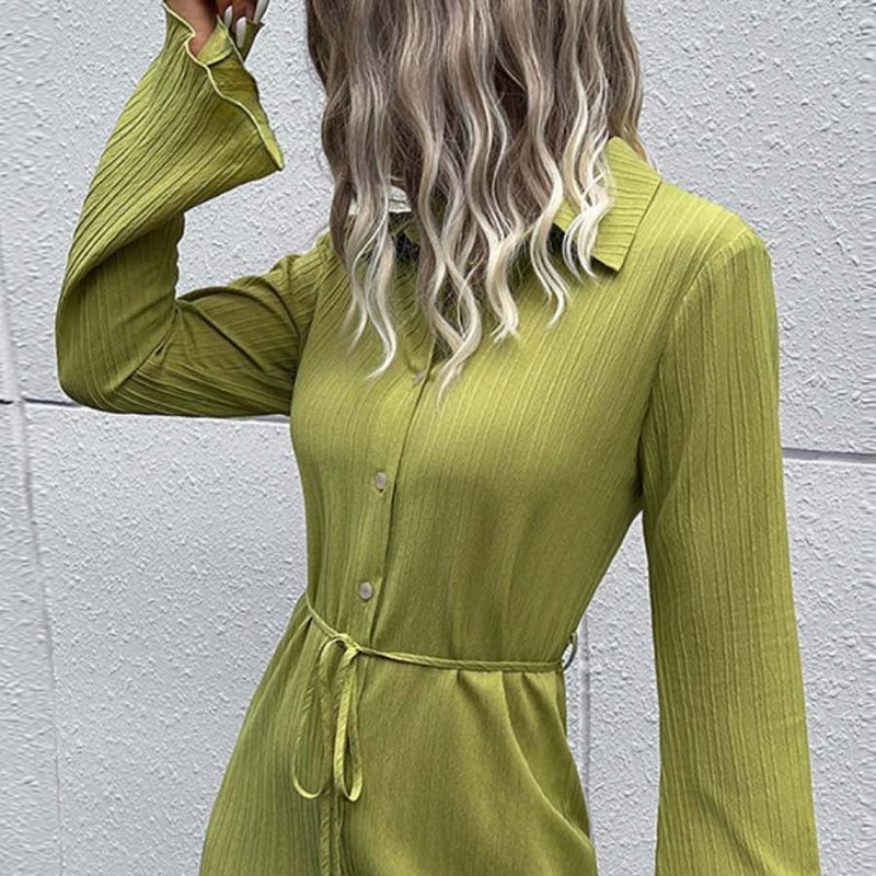 Anna-kaci Textured Striped Flare Sleeves Dress In Green