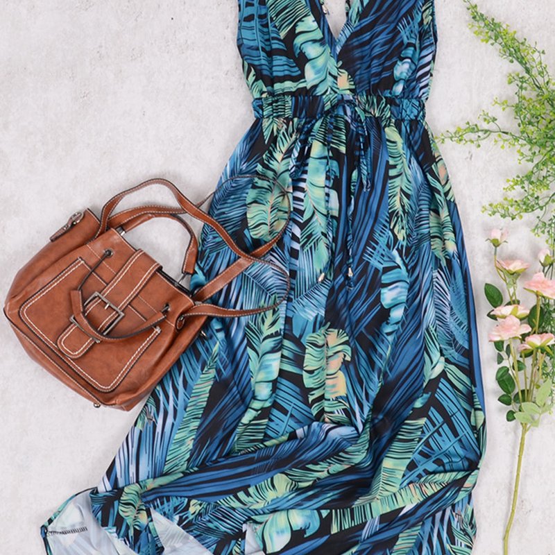 Anna-kaci Tie Back Tropical Print Dress In Blue
