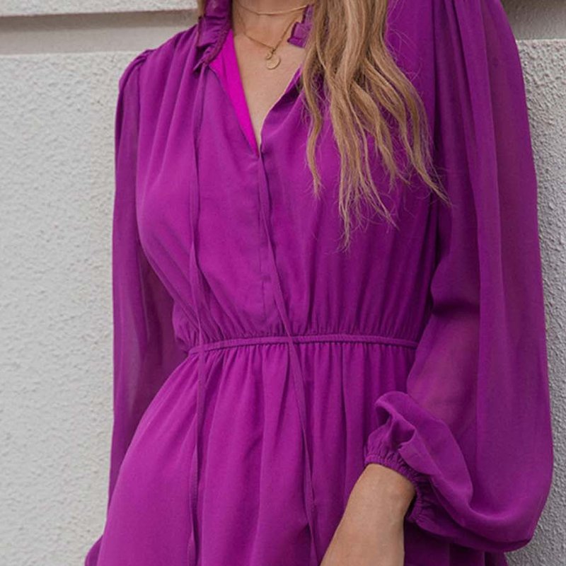 Anna-kaci Tie Ruffle Neck Bishop Sleeve Dress In Purple