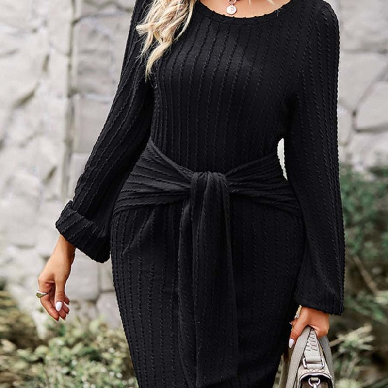 Anna-kaci Tie Waist Braided Knit Dress In Black