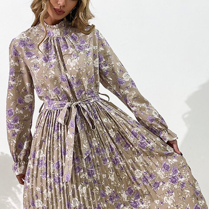 Anna-kaci Tie Waist Pleated Floral Dress In Purple