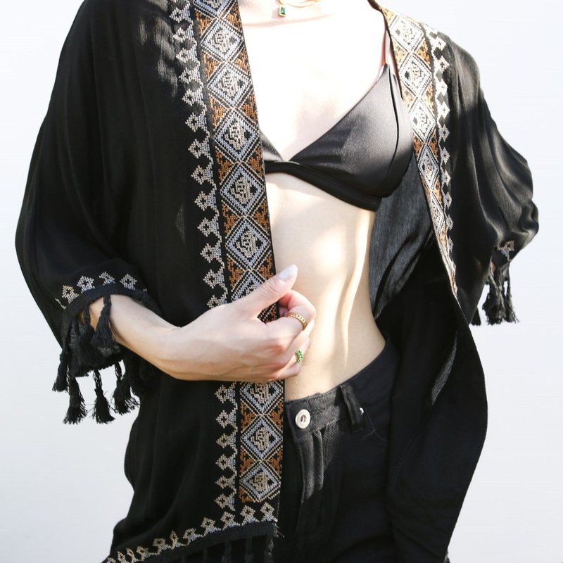 Anna-kaci Tribal Kimono Tassel Cardigans In Black