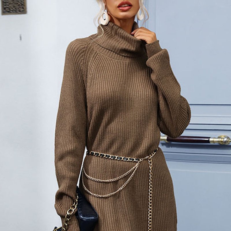 Anna-kaci Turtleneck Ribbed Slit Sweater Dress In Brown