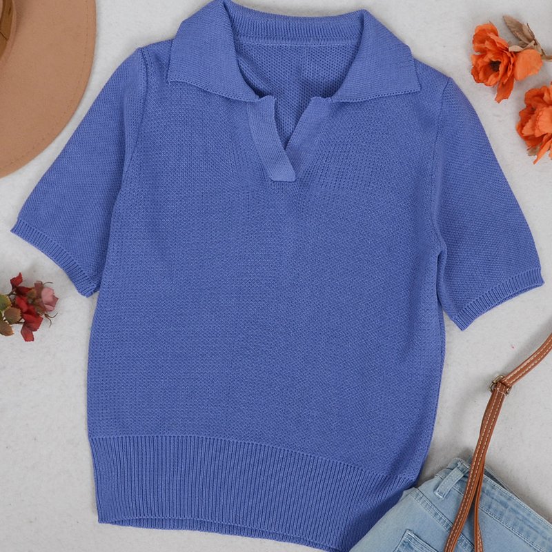 Anna-kaci V Neck Knit Collared Shirt In Blue