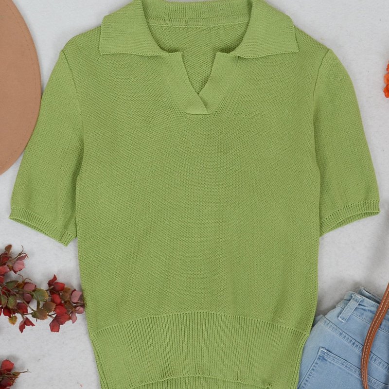 Anna-kaci V Neck Knit Collared Shirt In Green