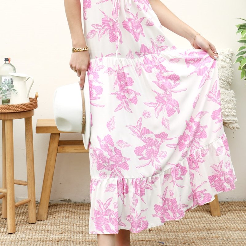 Anna-kaci V Neck Tropical Print Maxi Dress In Pink