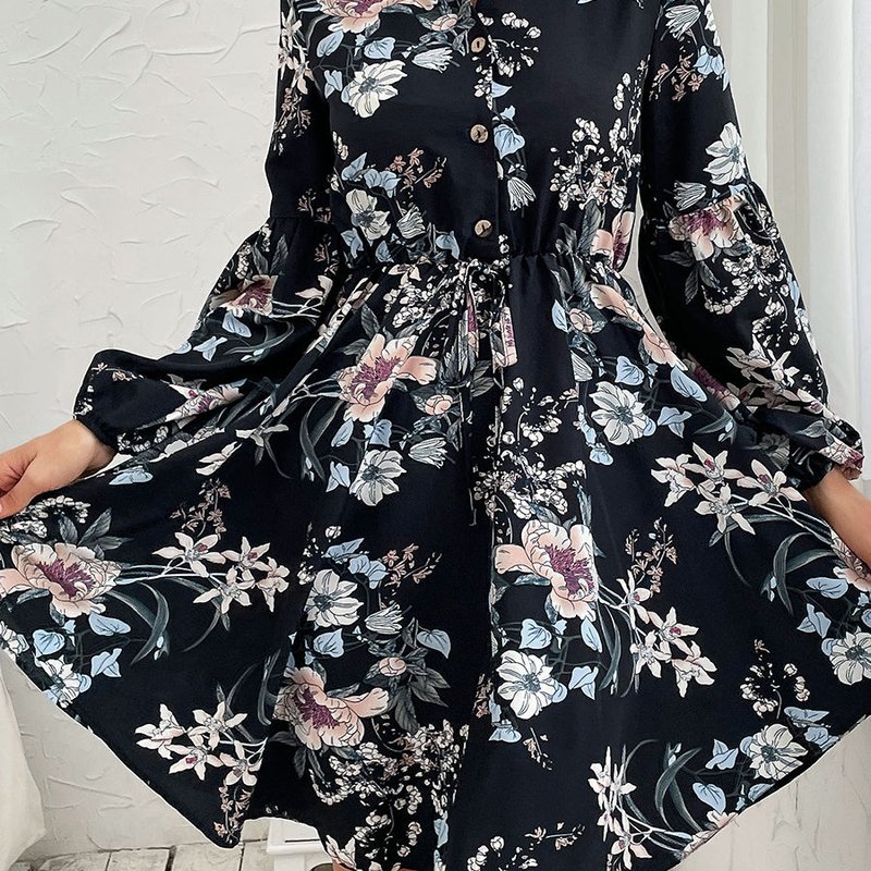 Anna-kaci Vintage Collared Floral Print Dress In Black