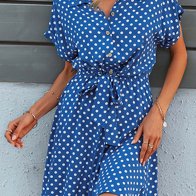 Anna-kaci Womens Casual Dress Short Sleeves Button Up Polka Dot Printed Tie Waist Mini Dresses In Blue
