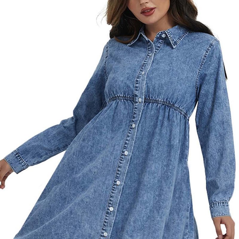 Anna-kaci Women's Casual Long Sleeve Button Down Denim Shirt Dress In Blue