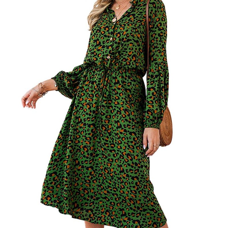 Anna-kaci Women's Leopard Print Lantern Sleeve Tie Waist Midi Dress In Green