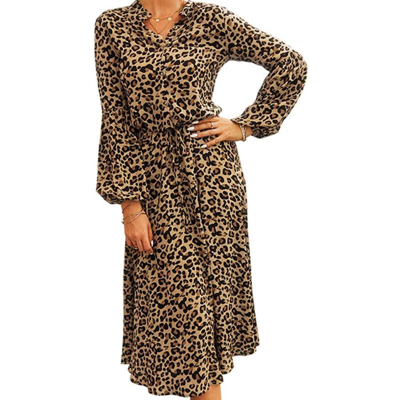 Anna-kaci Women's Leopard Print Lantern Sleeve Tie Waist Midi Dress In Brown
