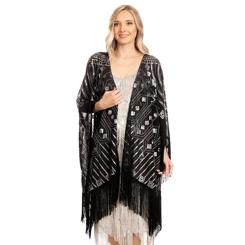 Anna-kaci Womens Oversize Hand Beaded Fringed Sequin Evening Shawl Wrap In Black
