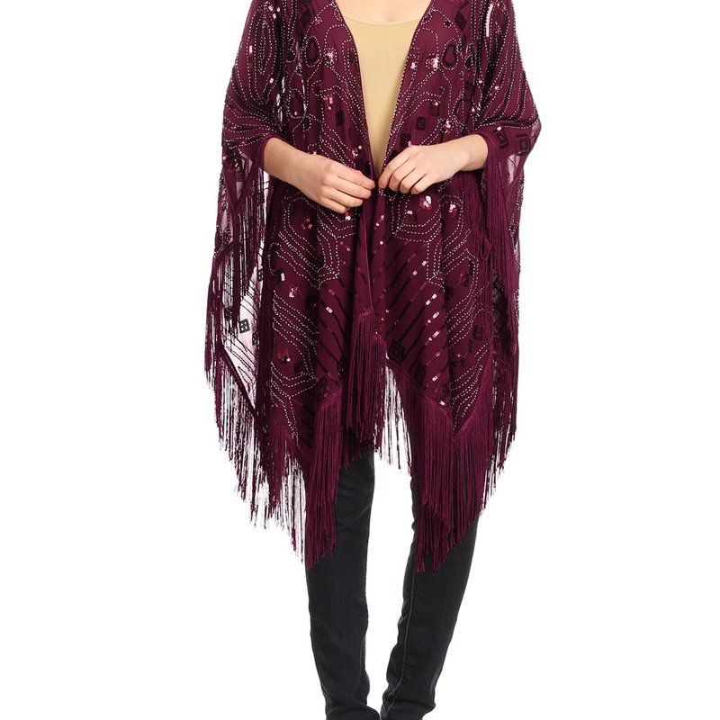 Anna-kaci Womens Oversize Hand Beaded Fringed Sequin Evening Shawl Wrap In Red