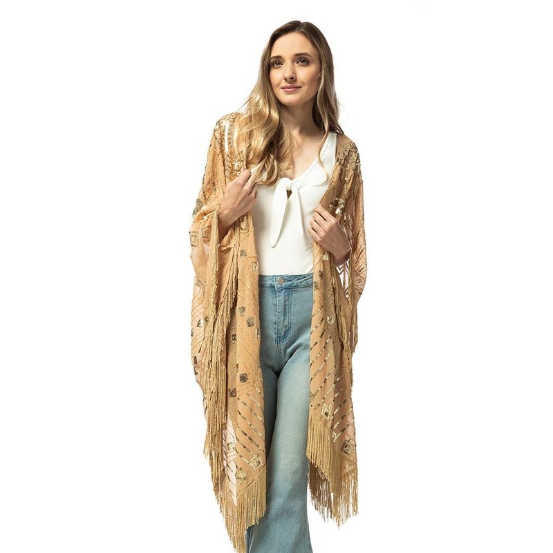 Anna-kaci Womens Oversize Hand Beaded Fringed Sequin Evening Shawl Wrap In Gold