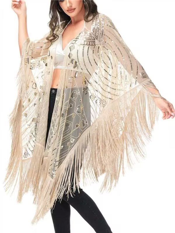 Anna-kaci Womens Oversize Hand Beaded Fringed Sequin Evening Shawl Wrap In White