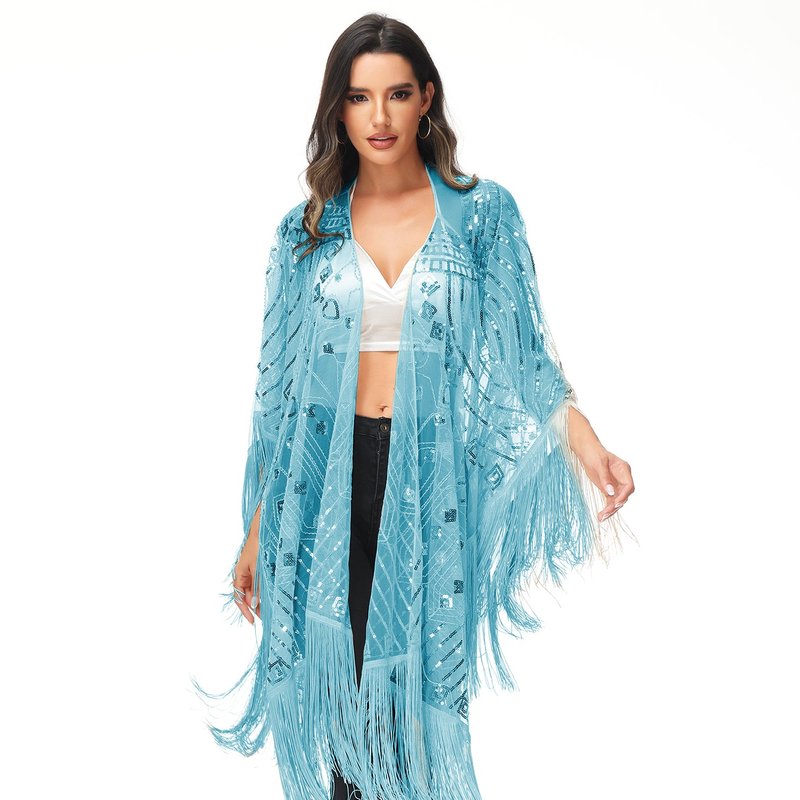 Anna-kaci Womens Oversize Hand Beaded Fringed Sequin Evening Shawl Wrap In Blue